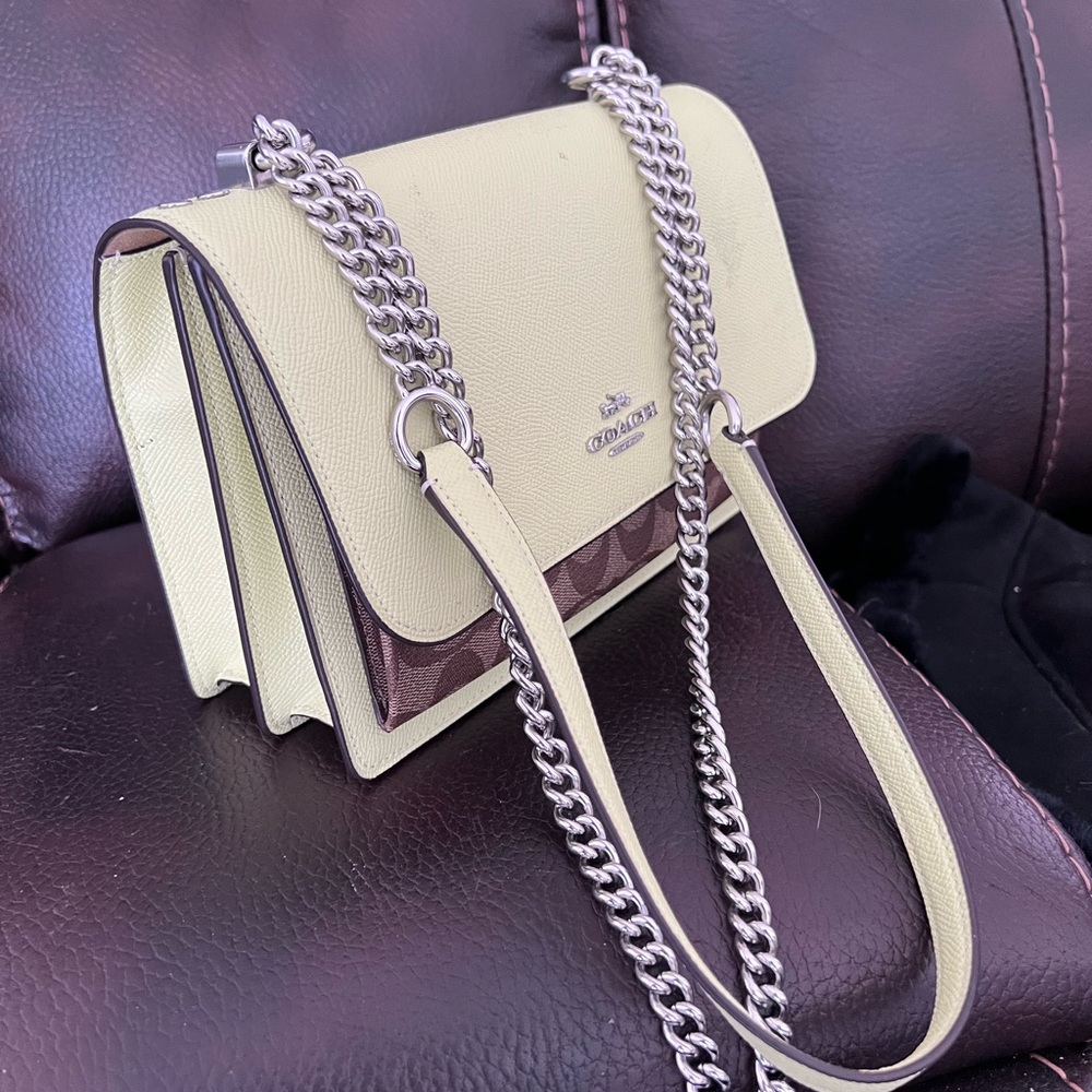 Coach Women's Light Yellow Crossbody Bag with Silver Chain